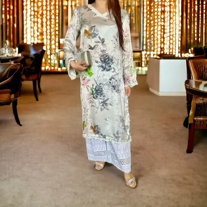 Floral Silk Kurti with White Palazzo Pant, Pakistani Dress 2-Piece Set, Elegant Design, Perfect for Parties