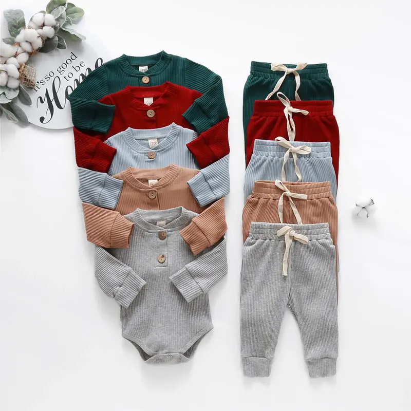 Newborn Baby Boy Girl 2 Pcs Outfits Solid Color Ribbed Long Sleeve Romper with Elastic Waist Trousers for Spring, Fall Casual