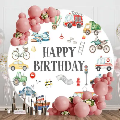 Round Various Transportation White Birthday Backdrop - Aperturee