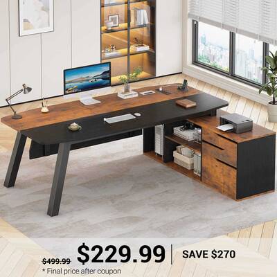 SEDETA 71 Inch Executive Desk with File Cabinet Office Desk with Drawers and Shelves L Shaped Computer Desk with Power Outlet...