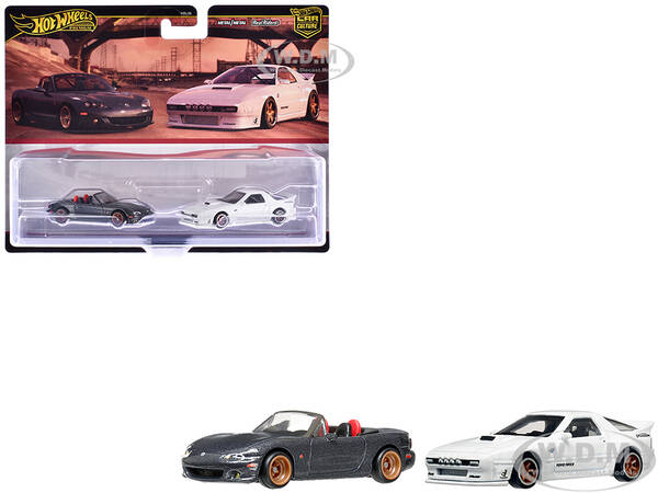 Mazda Mazdaspeed Miata Gray Metallic and Mazda RX7 FC Pandem White Car Culture Set of 2 Cars Diecast Model Cars by Hot Wheels