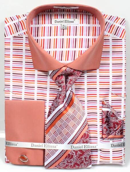 Men's Wide Spread Collar Contrast Cuff Horizontal Multi Stripe Dress Shirt & Tie Set In Rust