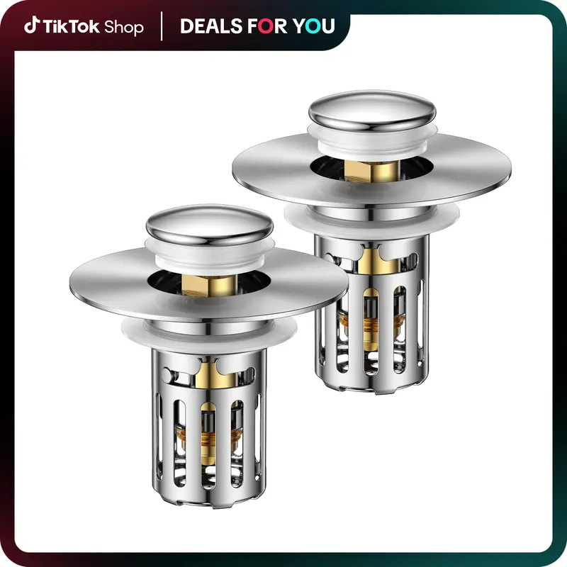 2-in-1 Bathroom Sink Stopper with Pop-up Design & Anti-Clog Stainless Steel Filter Basket - Removable Hair Trap & Anti-Odor D...