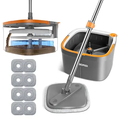BOMIDI  Spin Mop and Bucket Set, Includes Dual Compartment Mop Bucket with Thick Washable Microfiber Pads for Home Cleaning