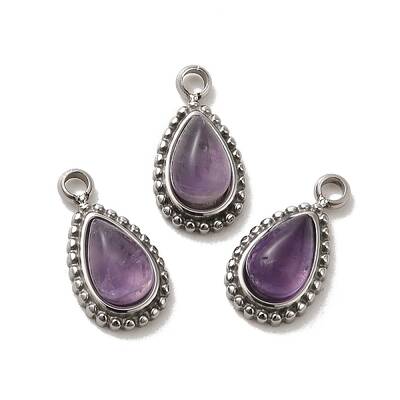 304 Stainless Steel Pave Natural Amethyst Teardrop Charms