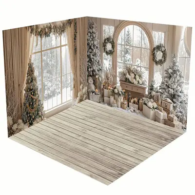 Aperturee Beige Room Window Snowy Christmas Room Set Backdrop | Christmas Backgrounds Fireplace | Winter Wonderland Backdrop ...