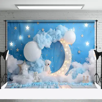 Aperturee Blue Starry Night Moon Bear Cake Smash Backdrop, 3X2FT(1MX0.6M), 14 USD, birthday cake smash backdrops, NYHD1I90-M