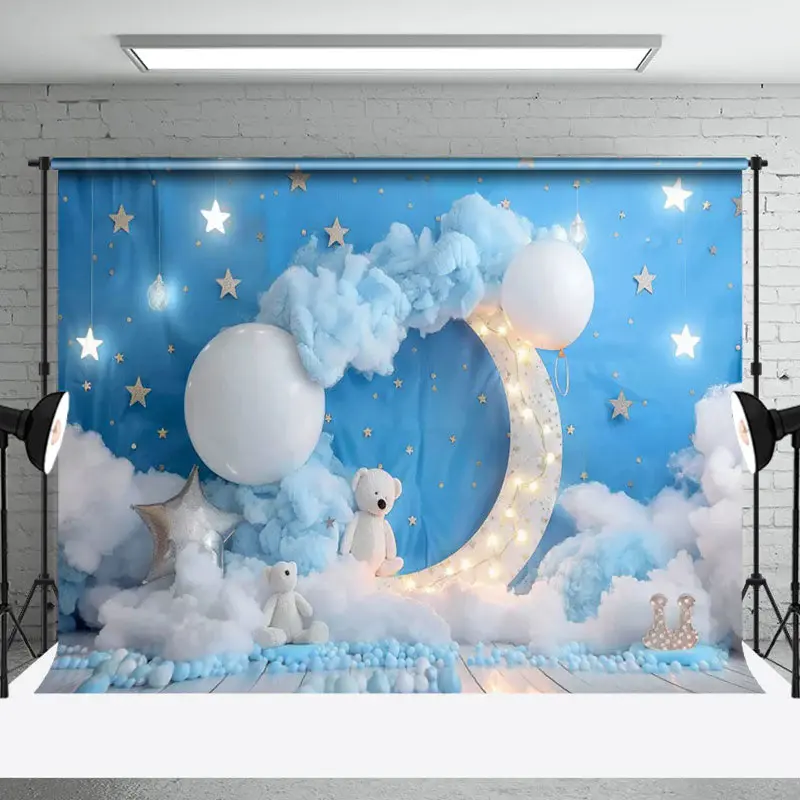 Aperturee Blue Starry Night Moon Bear Cake Smash Backdrop, 3X2FT(1MX0.6M), 14 USD, birthday cake smash backdrops, NYHD1I90-M