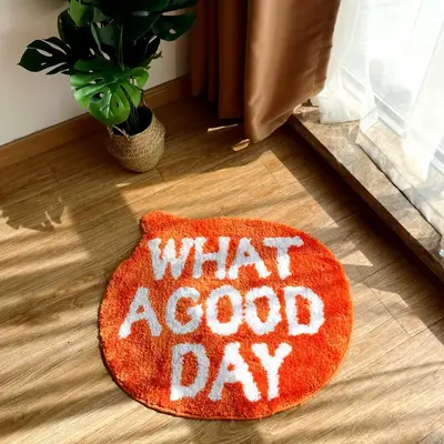 What A Good Day Plush Mat, 1 Count Irregular Round Letter Pattern Rug, Non-slip Fluffy Floor Mat for Living Room Bedroom Deco...
