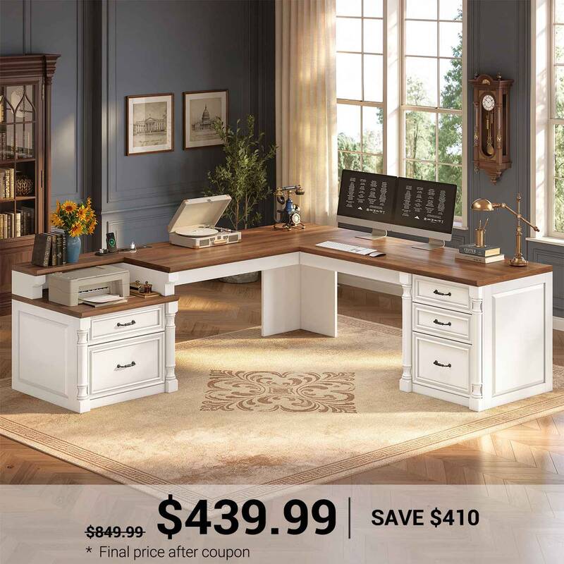 SEDETA 72.8 Inch Large L Shaped Executive Desk with 5 Storage Drawers Charging Station Home Office Computer Desk with 2 File ...