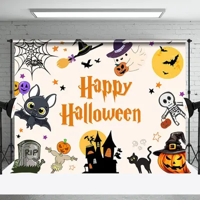 Cute Bats Ghosts Pumpkin Happy Halloween Backdrop - Aperturee