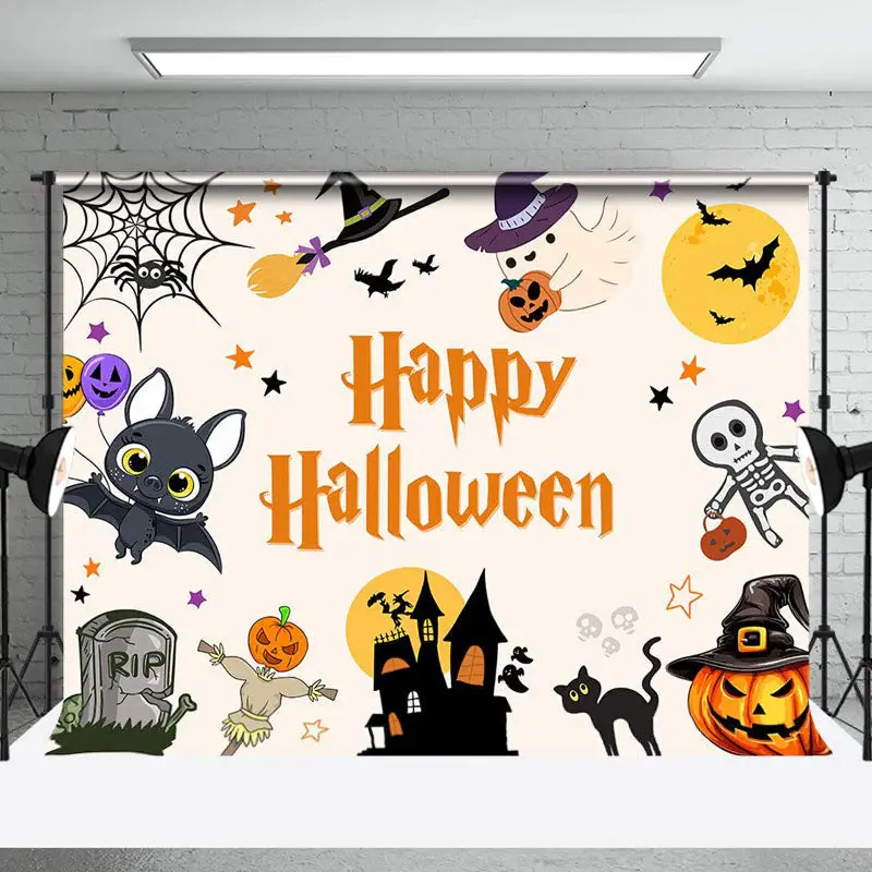Cute Bats Ghosts Pumpkin Happy Halloween Backdrop - Aperturee