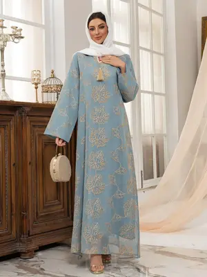 Women's Plants Embroidery Long Sleeve Dress, Elegant Casual Dress for Daily Wear, Ladies Islamic Clothing for All Seasons