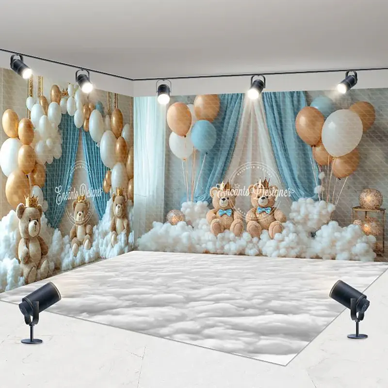 Aperturee Gold White Balloon Bear Cake Smash Room Set Backdrop, 7X7FT(Left Wall)+10X7FT(Right Wall)+10X7FT(Floor), 247.5 USD,...